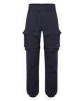 Trousers in navy blue with an elasticated waistband, two large thigh flap pockets featuring a small left pocket logo, and a relaxed fit crafted from hard-wearing fabric.