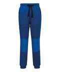 Portwest KX3 Sport tech joggers (KX317) feature an elasticated waistband with a black drawcord, zippered side pockets, colour block design in dark and light blue on the legs, and a small logo on the upper left thigh.