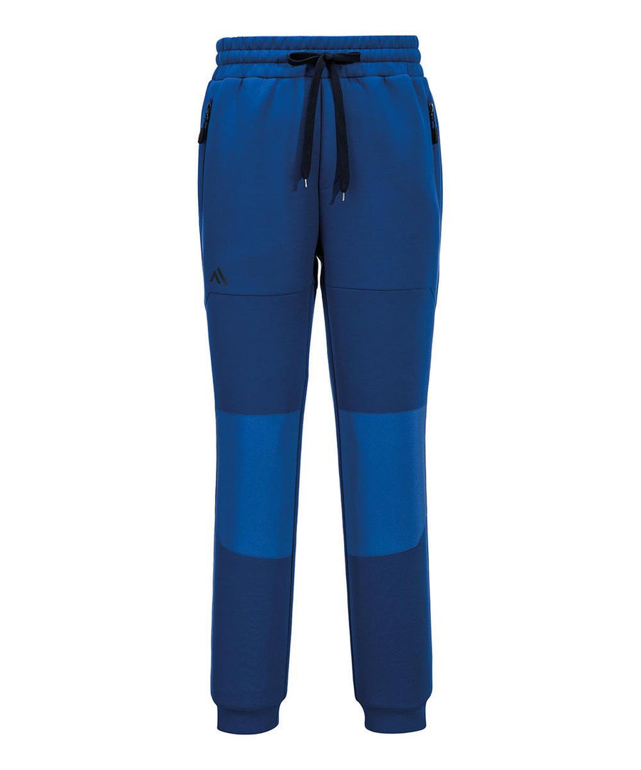 Portwest KX3 Sport tech joggers (KX317) feature an elasticated waistband with a black drawcord, zippered side pockets, colour block design in dark and light blue on the legs, and a small logo on the upper left thigh.
