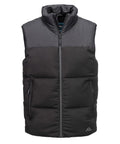 The Gilets & Body Warmers is a black, sleeveless padded gilet with a high collar, front zip, two side zipped pockets, matt finish, and a small logo near the bottom hem.