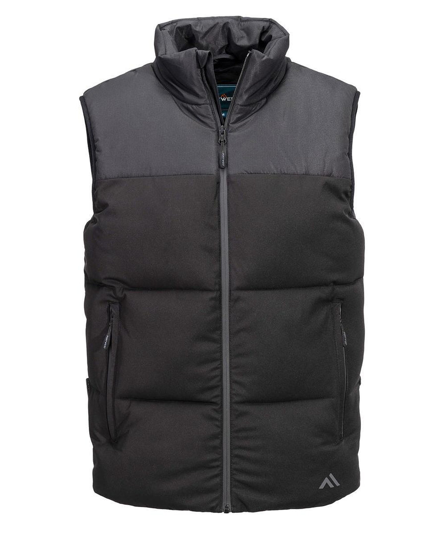 The Gilets & Body Warmers is a black, sleeveless padded gilet with a high collar, front zip, two side zipped pockets, matt finish, and a small logo near the bottom hem.