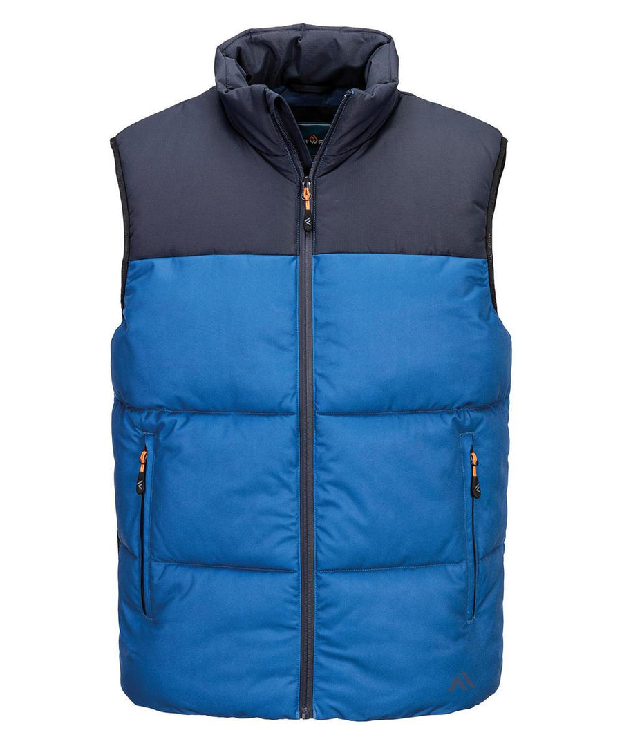 The Gilets & Body Warmers features a blue and black sleeveless design with a high collar, front zip, and two zipped side pockets, shown against a white background.