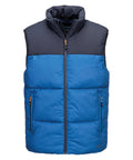 The Portwest KX3 Sport insulated baffle gilet (KX305) is a sleeveless waistcoat with a zip front, dark navy shoulders and collar, bright blue body, and two front zipped side pockets.