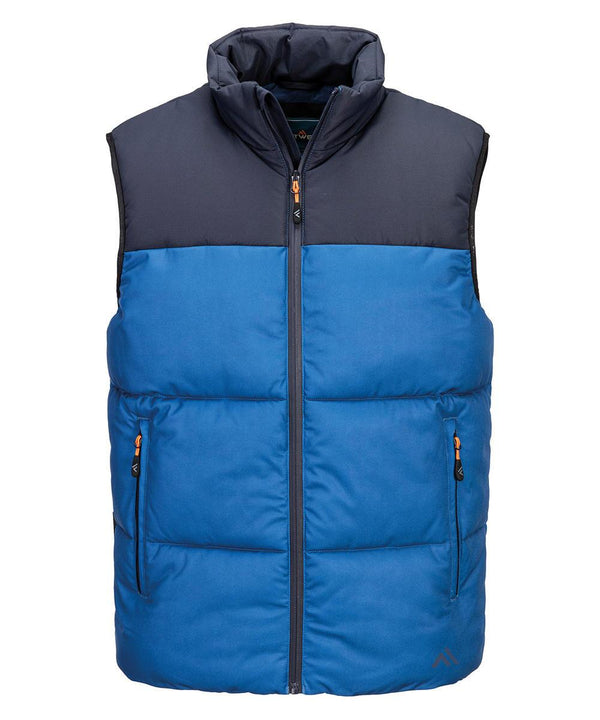 The Portwest KX3 Sport insulated baffle gilet (KX305) is a sleeveless waistcoat with a zip front, dark navy shoulders and collar, bright blue body, and two front zipped side pockets.
