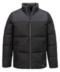 The black jacket puffer features a front zip, high collar, and two zipped side pockets. Contrasting fabric texture decorates the shoulders and upper chest. It is shown against a plain white background.