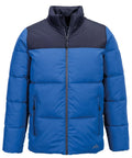The Jackets product is a blue puffer jacket with black shoulder panels, a high collar, front zip fastening, and two zipped side pockets, shown on a plain white background.