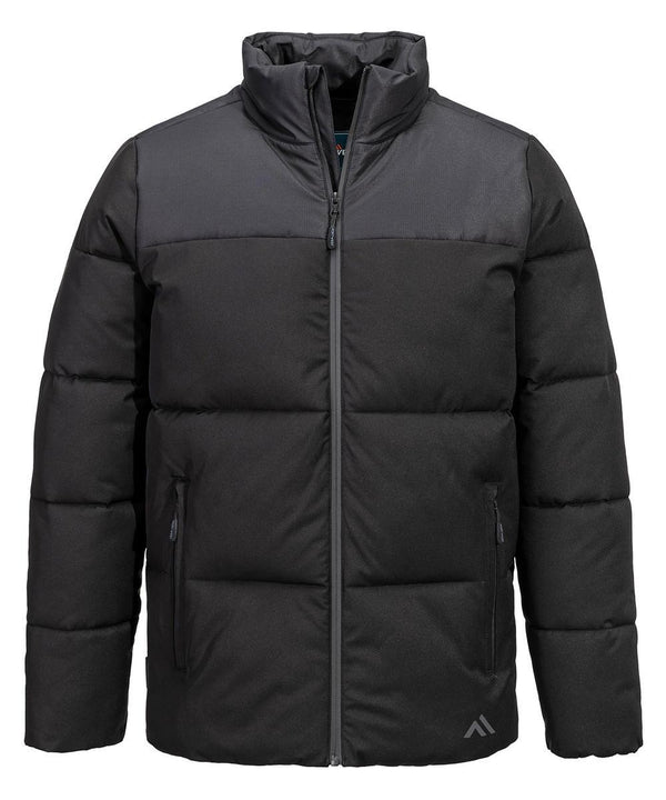The Portwest KX3 Sport insulated baffle jacket (KX306) is a black quilted puffer with a front zip, high collar, two zipped side pockets, and a slightly darker panel across the shoulders and upper chest.