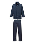 The Portwest Sealtex Essential Rainsuit (L450) is a navy waterproof two-piece set with a hooded jacket and elastic-waist trousers, shown on a plain white background.