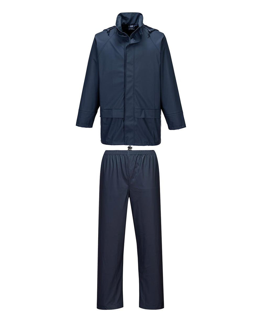 The Portwest Sealtex Essential Rainsuit (L450) is a navy waterproof two-piece set with a hooded jacket and elastic-waist trousers, shown on a plain white background.