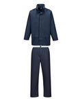 Rain Suits: Navy blue set includes a hooded jacket with front pockets and matching elastic-waist trousers, shown on a plain white background.