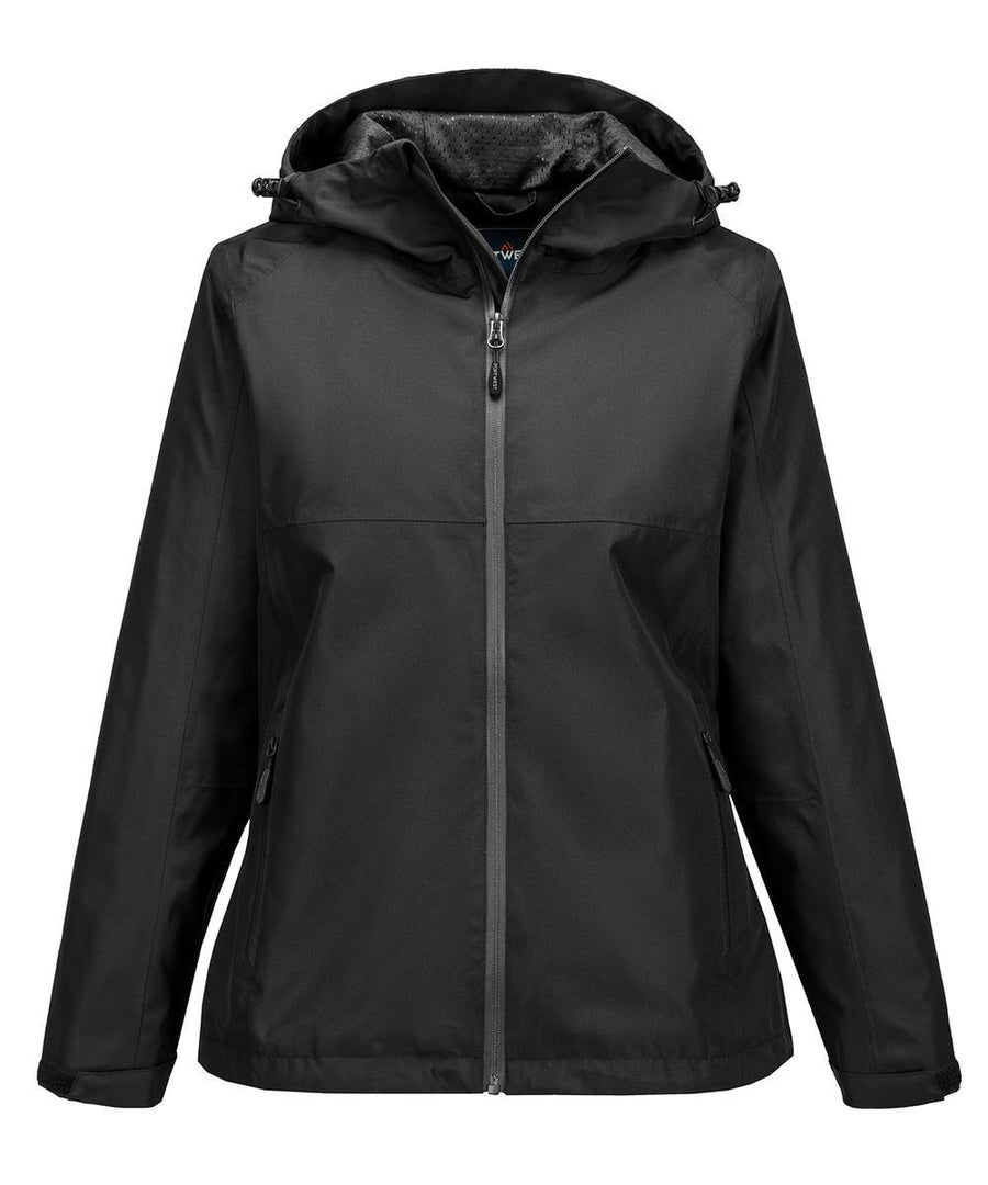 Front view of a black Jackets zip-up hoodie with two side pockets and long sleeves, displayed on a white background.