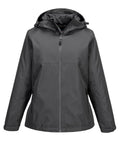 A front view of the Jackets product in plain dark grey, featuring a full zip, two zipped side pockets, and long sleeves. This lightweight jacket is suitable for outdoor wear.