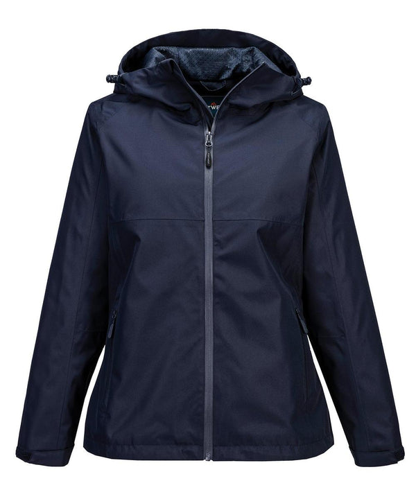 Portwest Women's Professional Rain Jacket (S614) in navy blue features a hood, front zip fastening, two side zipped pockets, long sleeves, a simple tailored design, and a slightly shiny finish.