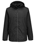 The Jackets product is a lightweight black hooded jacket featuring a front zip, long sleeves, two zipped side pockets, and a high collar—ideal for casual or outdoor wear.