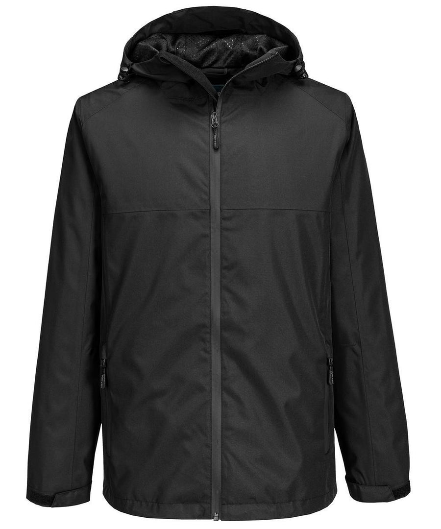 The Portwest Professional rain jacket (S610) in black features a hood, front zip, two zipped side pockets, and long sleeves, displayed against a white background.