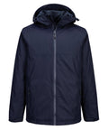A Jackets product is shown on a white background. It features a navy blue colour, front zip, two zipped side pockets, long sleeves, and an adjustable drawstring hood.