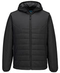 The Jackets product is a black, hooded quilted jacket with a front zip, horizontal stitching, and side pockets, displayed on a plain white background.