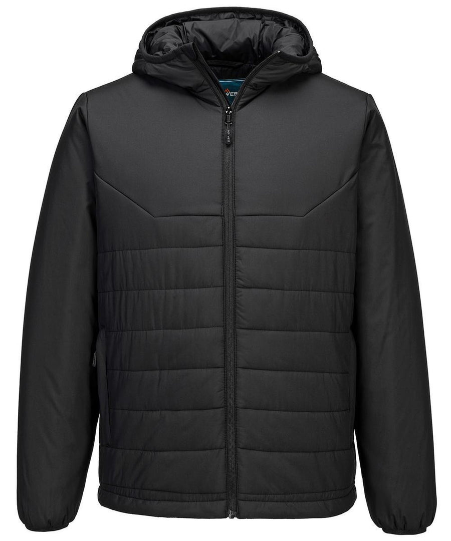 The Jackets product is a black, hooded quilted jacket with a front zip, horizontal stitching, and side pockets, displayed on a plain white background.