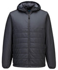 A dark grey Jackets zip-up with a hood, high collar, horizontal stitching on the front and sleeves, and two side pockets, shown against a white background.