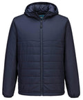 The Portwest Professional hooded insulated baffle jacket (S608) is a navy blue puffer with a front zip, horizontal quilting on the lower half, smooth upper fabric, long sleeves, and no visible branding.