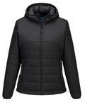 A black zip-up hooded puffer jacket from Jackets, featuring horizontal stitching on the body and plain sleeves, shown against a white background.