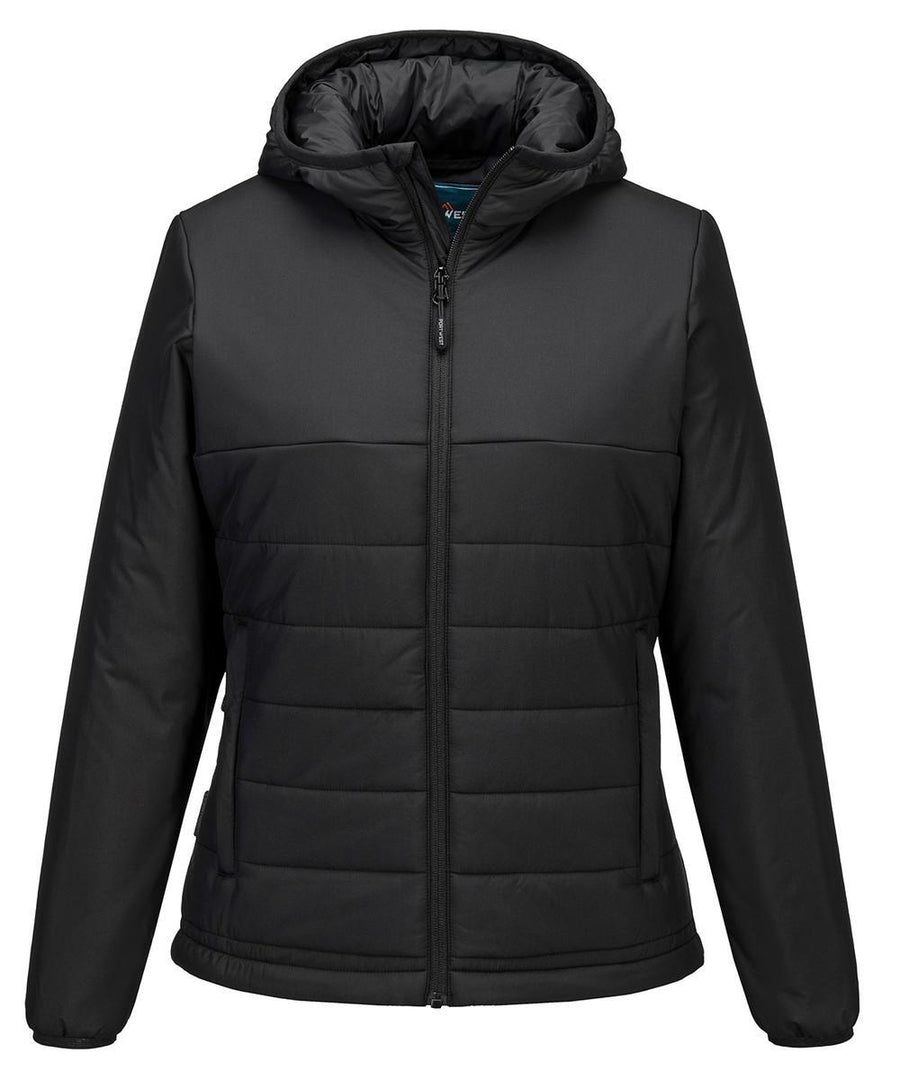 A black zip-up hooded puffer jacket from Jackets, featuring horizontal stitching on the body and plain sleeves, shown against a white background.