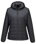 The Jackets product is a dark grey, hooded puffer with long sleeves, front zip, and horizontal stitching, shown against a white background.