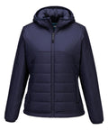 The Portwest Women's Professional Hooded Insulated Baffle Jacket (S613) in navy features a front zip, long sleeves, and horizontal quilting. It is displayed on a plain white background.