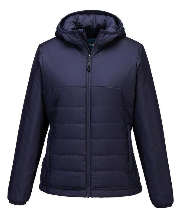 The Portwest Women's Professional Hooded Insulated Baffle Jacket (S613) in navy features a front zip, long sleeves, and horizontal quilting. It is displayed on a plain white background.