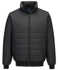 A front view of jackets in black with quilted design, zip fastening, high collar, elasticated cuffs, ribbed hem, horizontal stitching, and padded for warmth.