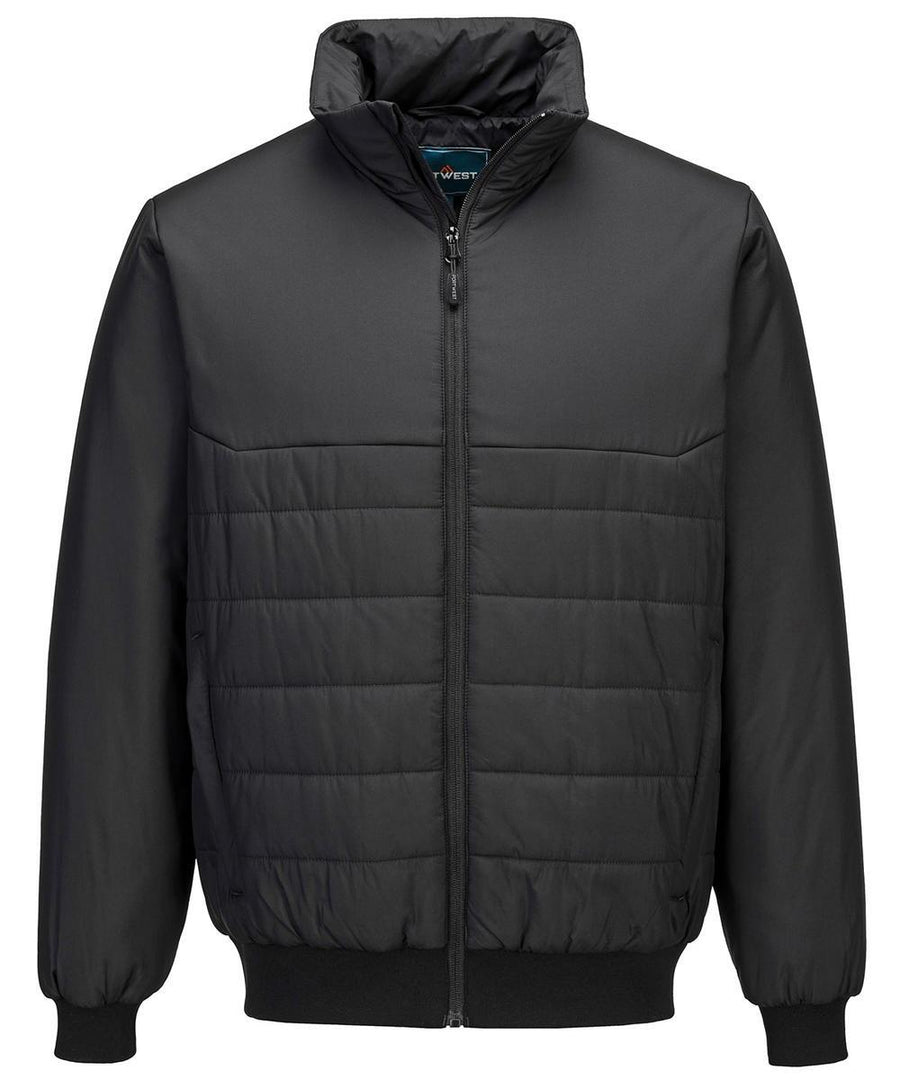 A front view of jackets in black with quilted design, zip fastening, high collar, elasticated cuffs, ribbed hem, horizontal stitching, and padded for warmth.