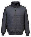 Jackets: A dark grey puffer jacket featuring a front zip, high collar, long sleeves, elasticated cuffs, ribbed hem, and horizontal quilted stitching for a stylish look.