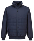 A navy blue zip-up quilted jacket features a high collar, ribbed cuffs and waistband, horizontal stitching on the torso, and plain sleeves.