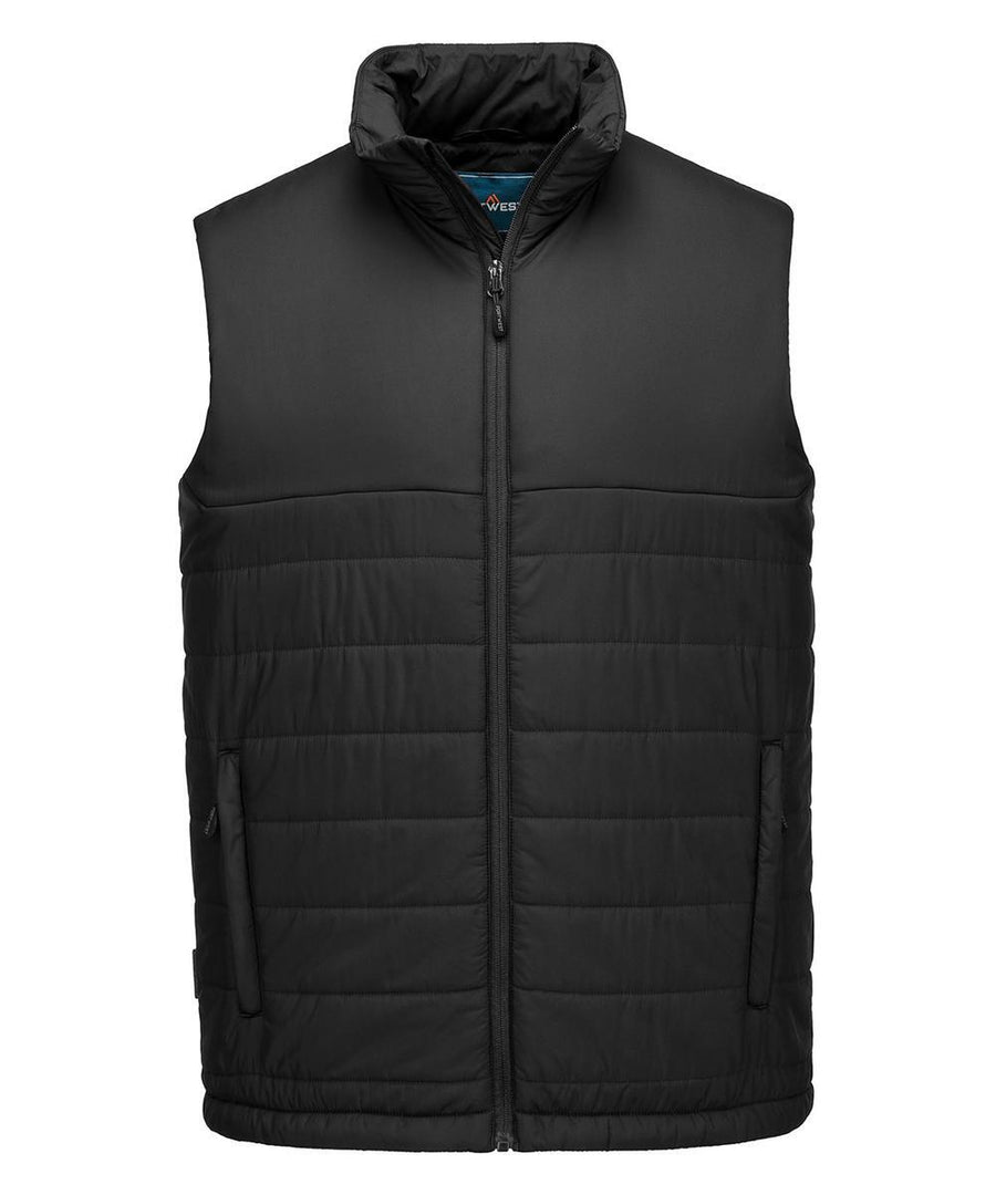 The Gilets & Body Warmers: a black, sleeveless puffer gilet featuring a full front zip, two side zipped pockets, and a stand-up collar, shown on a white background.