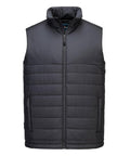 The Gilets & Body Warmers is a black, sleeveless puffer gilet with a high collar, front zip fastening, and two zipped side pockets, shown on a plain white background.