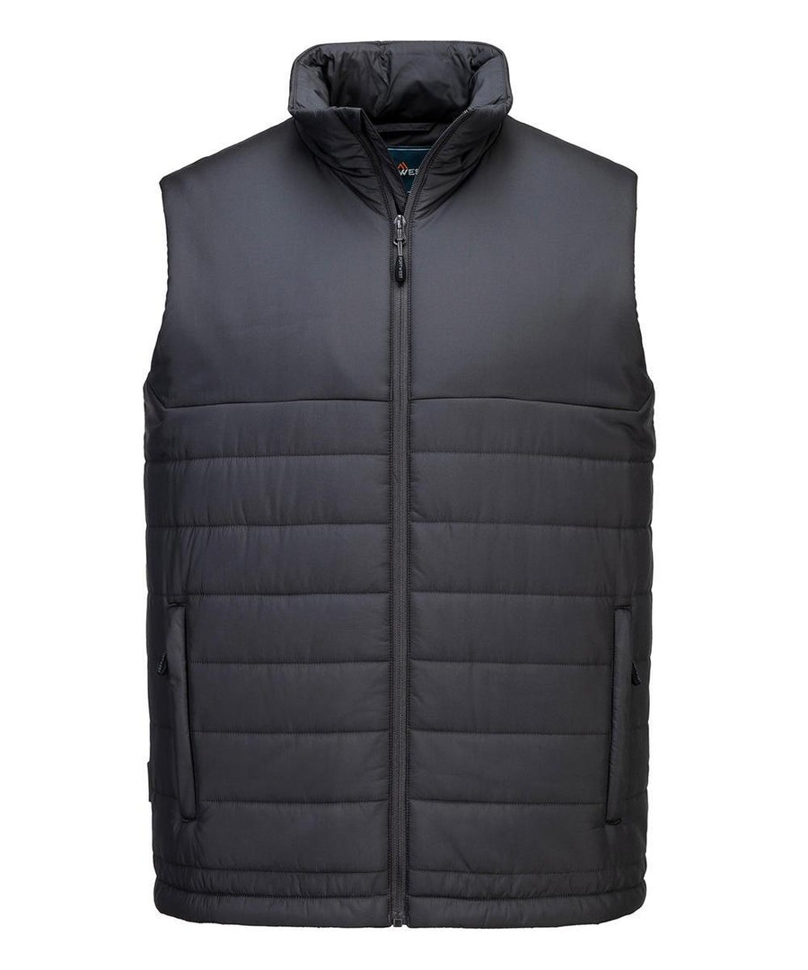 The Gilets & Body Warmers is a black, sleeveless puffer gilet with a high collar, front zip fastening, and two zipped side pockets, shown on a plain white background.