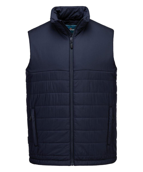 The Portwest Professional insulated baffle gilet (S606) in navy features a high collar, front zip, and two side zipped pockets, shown front-facing on a plain white background.
