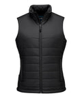 The Gilets & Body Warmers is a sleeveless black quilted gilet featuring a high collar, front zip, horizontal stitching, and side pockets, shown against a plain white background.