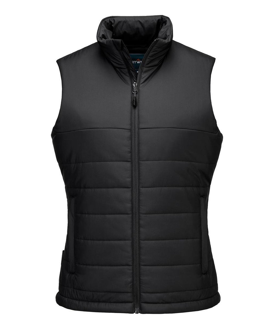 The Gilets & Body Warmers is a sleeveless black quilted gilet featuring a high collar, front zip, horizontal stitching, and side pockets, shown against a plain white background.