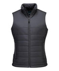 The Gilets & Body Warmers is a sleeveless black puffer gilet with a high collar, front zip fastening, horizontal quilted stitching, and two side pockets, shown against a plain white background.