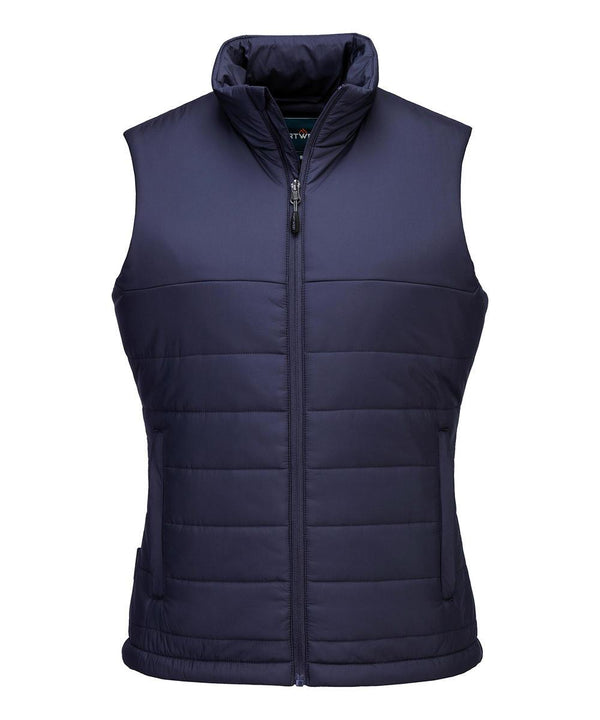 The Portwest Women's Professional Insulated Baffle Gilet (S607) is a navy blue, sleeveless quilted waistcoat with front zip fastening, stand-up collar, and two side pockets, shown against a white background.