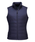 The Gilets & Body Warmers gilet features a navy blue, sleeveless quilted design with horizontal stitching, a front zip, high collar, and side pockets. Displayed against a white background.