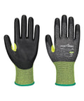 A pair of Portwest CS cut E18 PU gloves (A660) is shown palms forward, featuring black textured palms and fingers, green fabric on the cuffs and backs, with the brand logo and product details visible on the right glove.