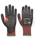 Two black and red gloves with green cuffs are displayed, one palm up and one palm down. The gloves feature red reinforcement between the thumb and index finger, with product information printed on the back of the right glove.