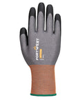 A single gloves work glove with a grey and black coated palm and fingers, orange elastic cuff, green trim, and "PORTWEST DERMIFLEX ULTRA" printed on the back.
