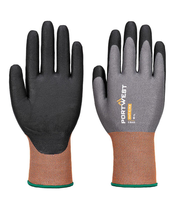 A pair of Portwest CT cut C21 Nitrile gloves (CT21) shown palms up and down: black palms, grey backs with "PORTWEST" branding, and orange wrists featuring green-trimmed cuffs.
