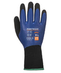 The Gloves are blue and black by Portwest, featuring text and safety symbols on the back showing size 9/L, EN388 certification, and A3 cut resistance. They have a knitted cuff with a green edge.