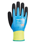 A single Portwest Cut D13 Nitrile aqua glove (AP50) features a black palm and fingers, blue back with certifications and "PORTWEST AP50" label, plus a yellow and green elastic cuff. The glove’s palm faces forwards.