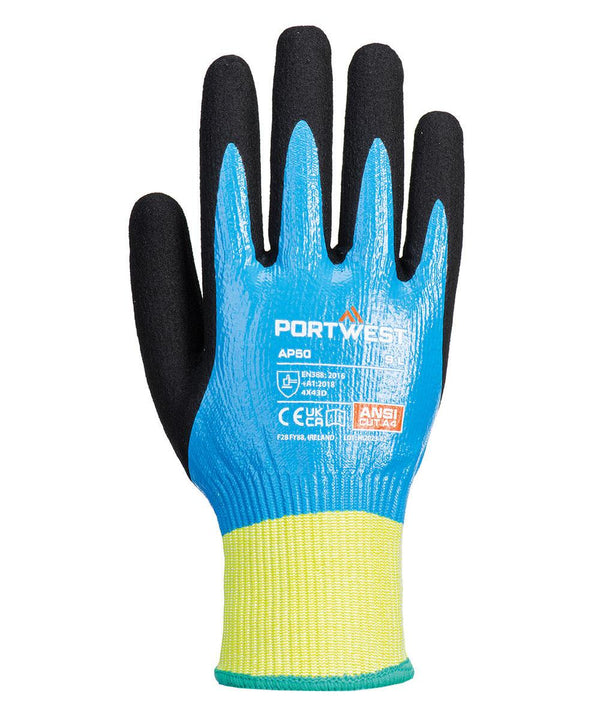 A single Portwest Cut D13 Nitrile aqua glove (AP50) features a black palm and fingers, blue back with certifications and "PORTWEST AP50" label, plus a yellow and green elastic cuff. The glove’s palm faces forwards.