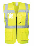 Portwest PW924 is a bright yellow safety vest featuring grey reflective strips, a zippered front, and multiple pockets for storage.